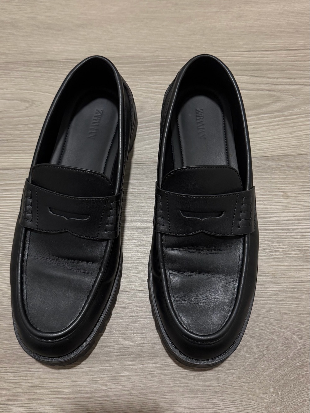 Zara Black Leather Slip-On Penny Loafers